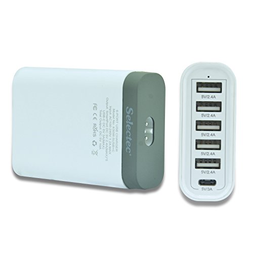 50W/10A USB Charger Power Adapter Fast Charging Hub Stations for iPhone, iPad, Samsung Galaxy, Google Nexus, Moto, HTC, LG, BLU, Lumia, Blackberry, Smartphone Tablet, 5 USB + 1 Type C Port - White