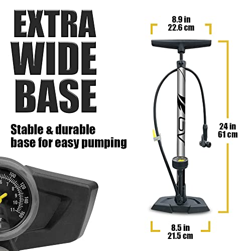BV Bicycle Ergonomic Floor Pump with Gauge & Clever Air Valve, 160 psi, Reversible Presta and