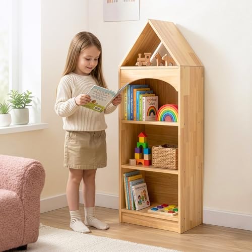 OOOK Children's Book Shelf, Rubberized Wood, 4 Tier Toy Storage, Corner Shelf Suitable for Children's Room, Playroom, Baby Room