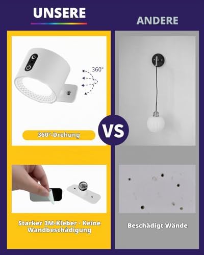 2er LED Wandleuchte Innen Akku – Kabellos RGB Wandlampe Weiß – Touch Dimmbar mit Fernbedienung – Aufladbar Spots zum Kleben Ohne Bohren Ohne Strom für Bett Treppenhaus Bild AURI WL01