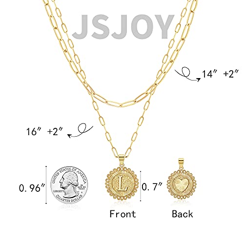 Gold Letter L Initial Necklace for Women Layered Paperclip Chain Coin Pendant Necklace for Girls 16+2 Inch Choker 14+2 Inch