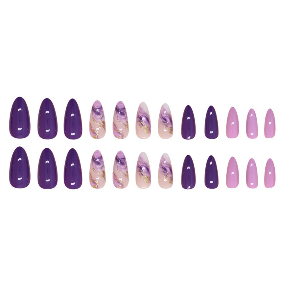 Purple Press on Nails Medium Almond Fake Nails Marble Texture Glossy False Nails with Glitter Gold Foil Design Stick on Nails Full Cover Glue on Nails Ombre Acrylic Nails for Women Manicure 24Pcs - Image 5