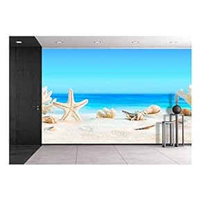 Landscape with Seashells on Tropical Beach Summer Holiday - Removable Wall Mural | Self-Adhesive Large Wallpaper - 66x96 inches