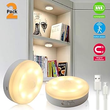 Bason Puck Lights, Motion Sensor Closet Light, USB Rechargeable Cabinet Lights,LED Wireless Lighting for Kitchen, Wardrobe,Hallway,Warm White 3000K,2-Pack