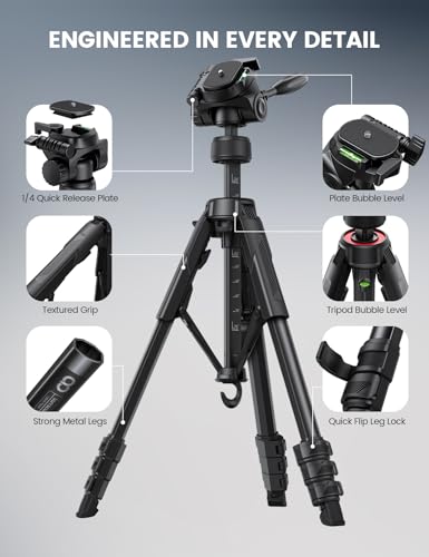 Lamicall 67inch Camera Tripod, Camera Stand - [Patented Rapid Leg Deployment] 170cm Lightweight Travel Tripod Camera, 3-Way Head 8kg Max Load, with Holder & Carry Bag, for DSLR, GoPro