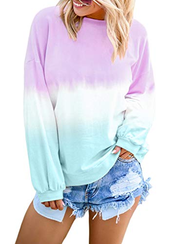 FIYOTE Women Casual Hoodies Tops Color Block Long Sleeve Lightweight Sweatshirt Blouses Medium Size Purple