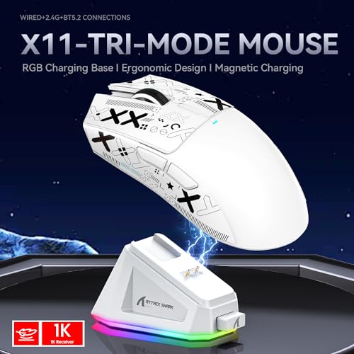 Mouse de Jogo ATTACK SHARK X11 com Base de Carregamento Magnético, Sensor de Jogo PixArt PAW3311, Mouse Sem Fio/A Cabo BT/2.4G, 22000 DPI (Branco)