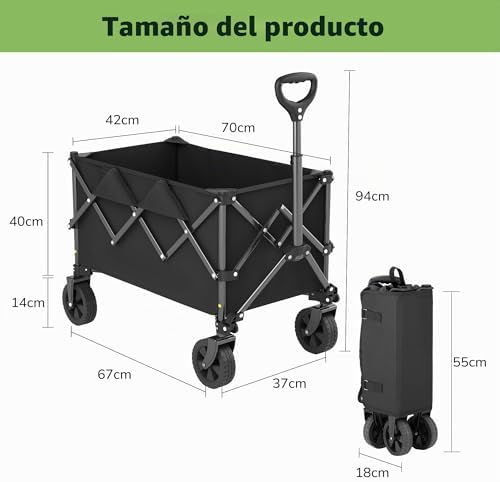Plegable 220L / 150 kg, Ruedas Todoterreno para Playa y Césped, Asa Ajustable, Fácil de Plegar, Cabe en Maletero, Carro para Camping, Compras y Jardín, Negro