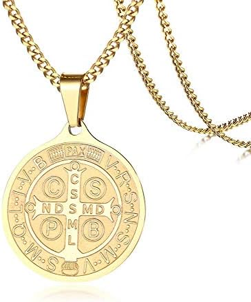 YABINI Stainless Steel Gold Plated Catholic The Medal of St. Benedict Saint Benedict Medal Pendant Necklace with Chain