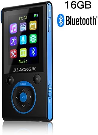 16GB Bluetooth MP3 Player with 50 Hrs Playback,Lossless Music Player with FM Radio and Pedometer,Support 64GB Card,Earphone and AUX Cable included (Black+Blue)