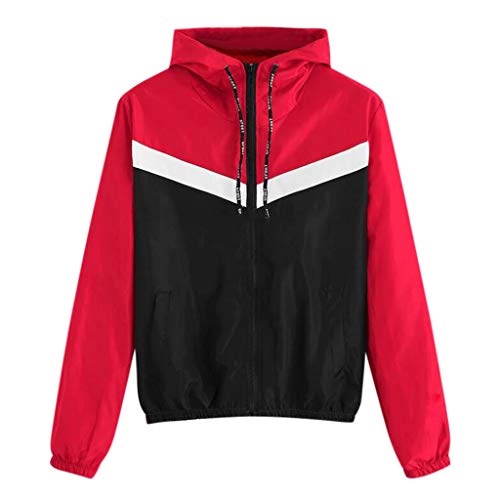 Womens Colorblock Windbreaker, Zipper Closure Long Sleeve Hoodies Casual Windbreaker Jacket Windproof Outerwear Coat(Red, XXL)