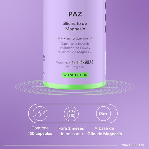 WU Nutrition PAZ Glicinato de Magnesio + Arándano | Bisglicinato Puro de Alta Absorción para Dormir, Relajación y Descanso | Suplemento para Mujer Sin Gluten | Magnesium | 120 Cápsulas (2 Meses)
