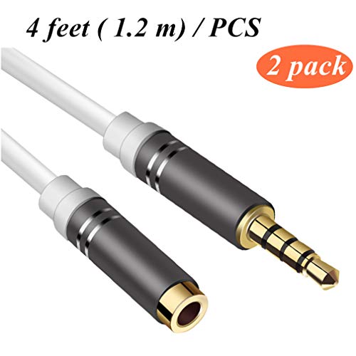 2 Pack 4 Ft Male to Female Audio Cable,Jeselry 4 Pole Hi-Fi Extension Stereo Sound 3.5mm Aux Cable Adapter/Auxiliary Cable/Aux Cord Compatible All 3.5mm-Enabled Devices for car 1.2M-White