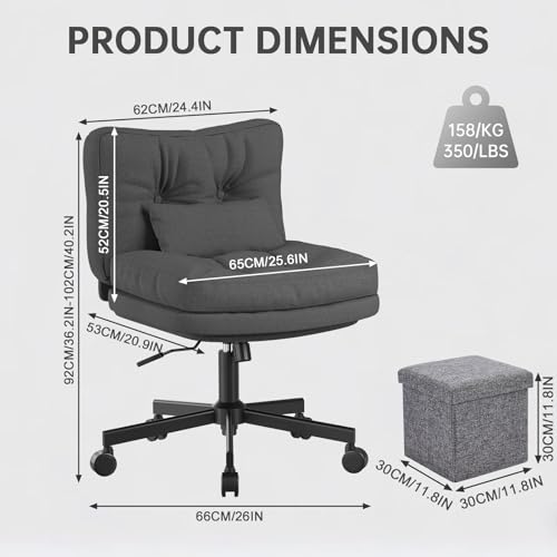 Submi Criss Cross Chair, Wide Desk Chair with Adjustable Height, Fabric Vanity Chair for Home, Swivel Criss Cross Chair for Work, Comfy cross legged office chair, Task Chair, Study, Gift, Black