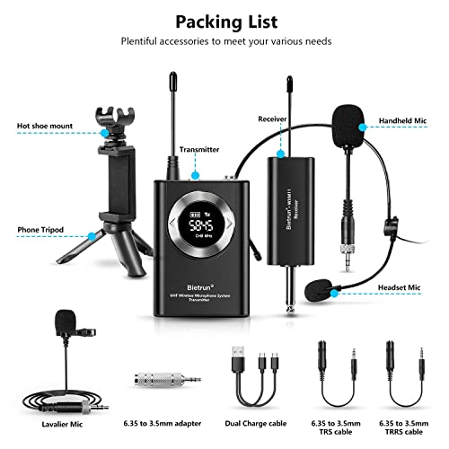 Bietrun UHF Wireless Microphone System Lavalier Mic/Headset Mic