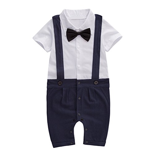 May s baby boys short sleeve bowtie faux suspenders tuxedo romper