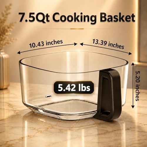 BOSWELL Glass Air Fryer, 7.5QT with Transparent Fry Bowl, Circulating Heating, Temperature Control, Air Fryer Roast, Dishwasher Safe (white)