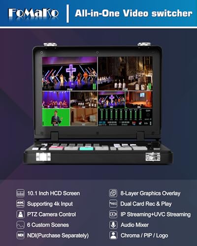 FoMaKo M6 4K HDMI Video Mixer, 10.1 Inch Full HD LCD Screen, 5 Channel Live Broadcast Switch, 4K 60 IPS Input, 1080P 60 IPS Output, SDI+HDMI Video Switch