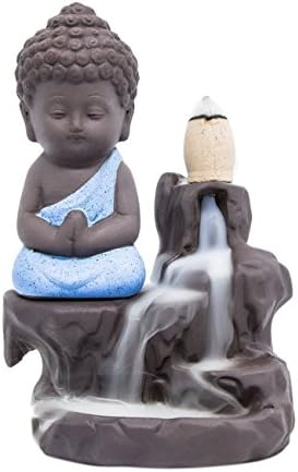 ShuangChuang Incense Burner Backflow Monk Tower Cones Sticks Holder Ceramic Porcelain Buddha Ash Catcher-Blue
