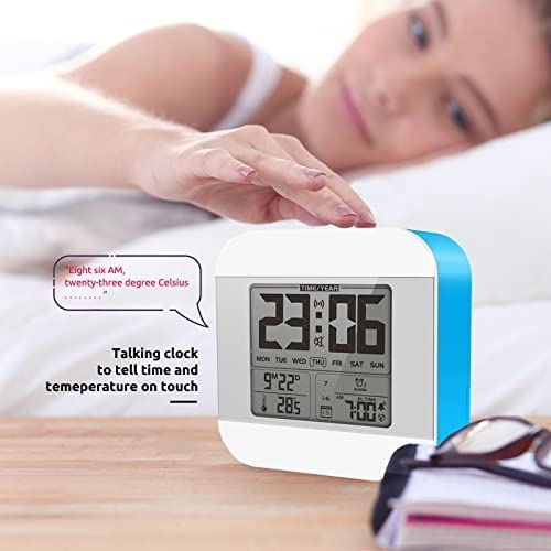 Talking Alarm Clock with Female Voice Broadcast, Smart Talking Clock with Hourly Chime Function, Low Vision Clock for The Blind Visually Impaired Seniors Elderly People (Blue Color)