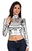 Sakkas 141786 Metallic Liquid Mock Neck Turtleneck Long Sleeve Crop Top - Made in USA - Silver - L