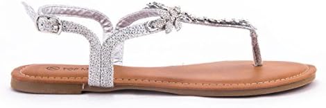 Women's T-Strap Gem Stone Leaf Accent Thong Sandal with Adjustable Buckle (Silver, 10 B(M) US)