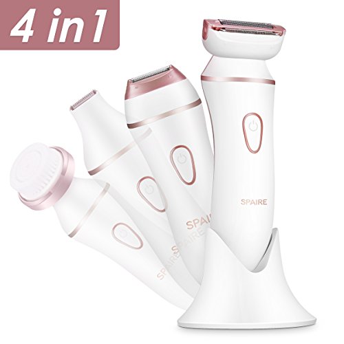 Lady Electric Shaver Bikini Trimmer, Spaire 4 in 1 Electric Shaver for Women Rechargeable Hair Removal Facial Cleansing Brush Cordless Wet/Dry for Leg, Underarm, Bikini Line (Best Electric Shaver For Girls)