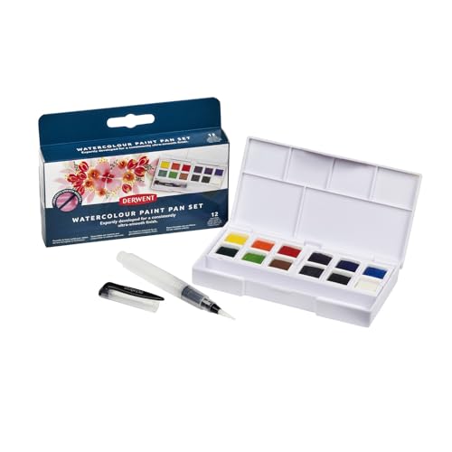 Derwent Watercolour Paint Pan Set - 12 Half Pans, Compact Travel Size