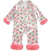 woshilaocai Baby Girl Button Down Romper Bow Strawberry Fuzzy Cuff Long Sleeve Jumpsuit Spring Summer Clothes