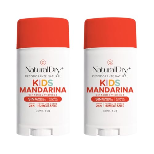 NaturalDry Kids - Pack de 2 desodorantes Kids infantiles unisex Natural para niños y niñas - Duración hasta 24 horas - Deodorant natural - Aroma Mandarina - En barra