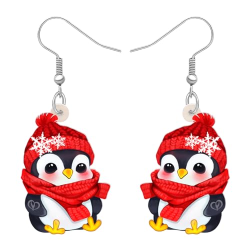 LONYOO Christmas Earrings Penguin for Women Girl Gifts Pendant Jewelry Santa Hat Red Scarf Decorations