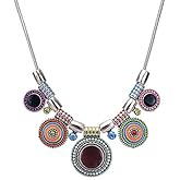 Bethynas Boho Ethnic Round Charm Pendant Choker Necklace Retro Silver-Toned Hippie Chunky Neck Chain Tribal Pattern Statement Accessories for Women