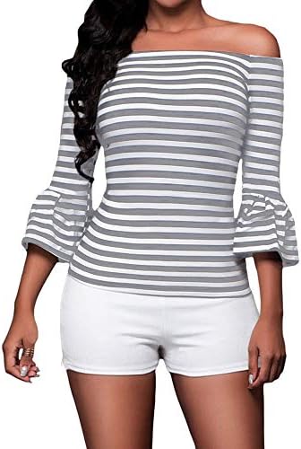 SUBWELL Women's Off Shoulder Flared Sleeve Black and White Stripe T Shirt Top Blouse
