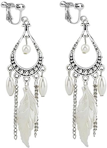 Usresu Clip on Earrings Vintage Leaf Tassels Chain Dangle White Gold Plated Costume
