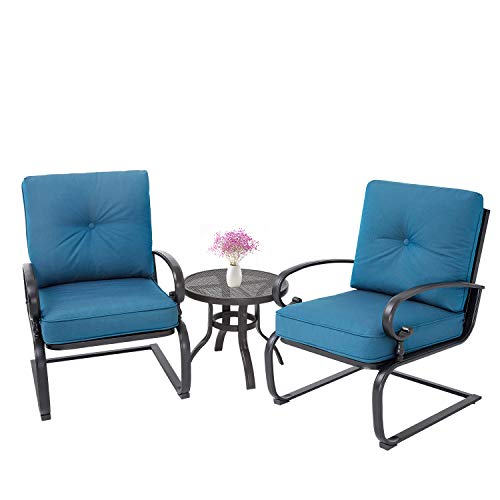 Oakmont Outdoor Bistro Set 3-Piece Spring Metal Lounge Cushioned Chairs and Bistro Table Set Wrought Iron Cafe Furniture Seat,Peacock Blue