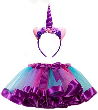 MOLFROA Little Girls Colorful Layered Dance Tutu Skirts with Unicorn Horn Headband