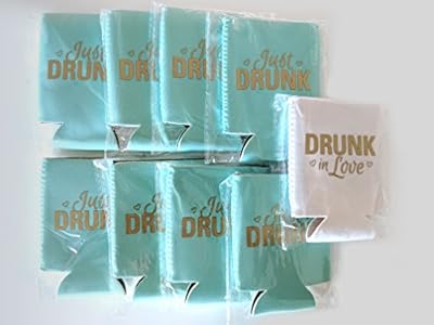 9pc Set Bride Drunk in Love & Just Drunk Favor Drink Wedding Coozies Bachelorette Party Bridal Showers & Weddings - 4mm Bottle Cooler Sleeves aka Can Coozie Full Set aka Beverage Insulators (9pc Set)