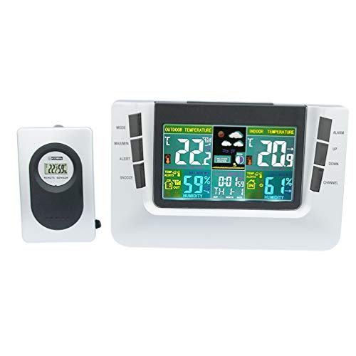 JIMEI Multi-Functional Digital Wireless Weather Station Forecaster with Alarm Clock Indoor and Outdoor Temperature Humidity Indicator Snooze LCD Color Display 116G