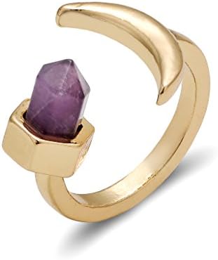 Women Hexagonal Shape Natural Purple Stone Open Ring February Birthstone Moo Rings Handcrafted