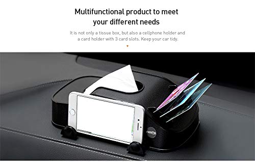 Car Mounted Multifunctional Tissue Box with Cellphone Holder Car Mount, Car Organizer Phone Bracket Card Slots Holder (Black)