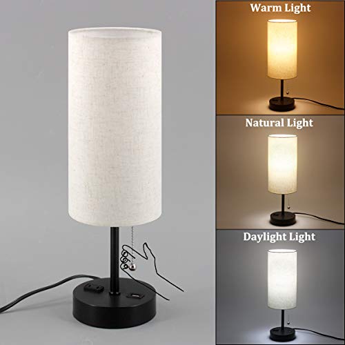 USB Bedside Table Lamp, 2700K 4000k 5000K Nightstand Lamp with Pull Chain, Bedside Lamp with USB Port & AC Outlet, Table Lamps for Bedrooms Living Room, Bulb Included, Fabric Linen Lamp Shade, 1PK