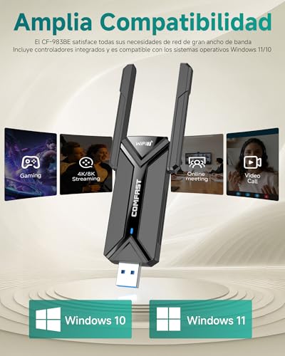 COMFAST BE6500 Adaptador WiFi USB para PC, Receptor WiFi USB 3.0, Antena WiFi 7 para Windows 10/11, Tri-Banda 6G/5G/2,4G, 2x6dBi Antenas de Alta Ganancia, WPA3, MU-MIMO, OFDMA & MLO