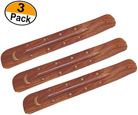 Incence Stick Holder with Moon Design - Flat Ash Catcher with Brass Inlay || Incense Burner - Incense Holder - Moon & Stars Design - Wood Incense Stick Holder - Incense Burner Holder - Set (3)
