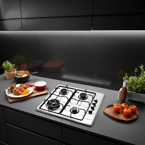 GI 6031 Table de Cuisson à Gaz 4 Brûleurs Émaillés Allumage Électronique Intégré à la Commande Soupapes de Sécurité Préparée Pour le Gaz Naturel Puissance de 8kW 58 cm