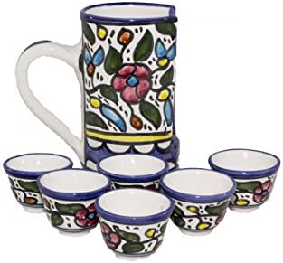 Arabic Decorative Coffee Cup (1 fl. oz.) - Handmade and Hand Painted Ceramic Crafted By Hebron Artisans, 6 Pieces - (1.5" x 2" x 1.5") Holder - (5.5" x 3" x 5.5")