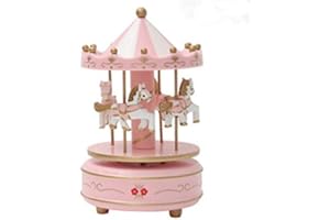 RARDSAY Vintage Pink Wooden Merry-Go-Round Horse Christmas Birthday Gift Carousel Music Box, Clockwork Mechanism Laxury Carousel Music Box