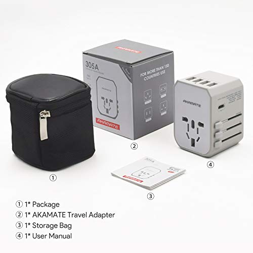 Travel Adapter, AKAMATE International Universal Power Wall Charger with 4 USB, 1 USB C, Smart IC, All in One Adapter for Europe, UK, US, AU, Asia and More
