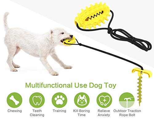 Pecute 3 In 1 Dog Tie Out Cable and Stake, Dog Tug of War Toy Puppy Chew Toys Portable Dog Teething Toy, Tough and Bite-Resistant, Molars, Teeth Cleaning(Yellow, 2m Cable)