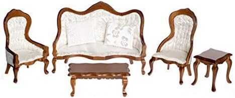 Dollhouse Miniature Victorian White Living Room Furniture Set Walnut Sofa