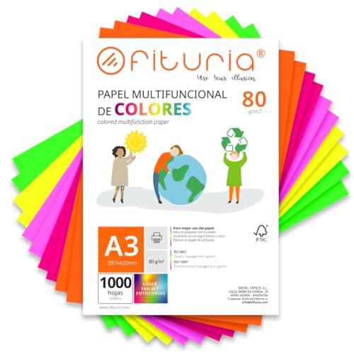 Coloured Sheets, Pack 1000 Sheets A3 80 g – Coloured Paper for Crafts, Printer, Scrapbooking – Colours – Ideal Origami, Papiroflexy, Office and School (Assorted Fluorine, 1000h)